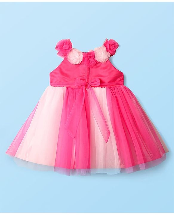 Babyhug 5 layer with Cotton Lining  Mesh Sleeveless Flared Partywear Dress With Floral Corsage and waist belt - Dark Pink
