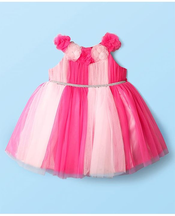 Babyhug 5 layer with Cotton Lining  Mesh Sleeveless Flared Partywear Dress With Floral Corsage and waist belt - Dark Pink