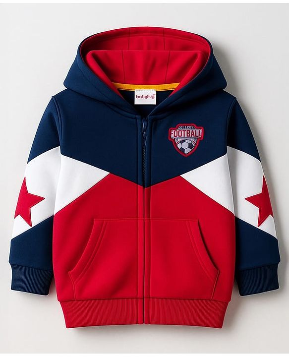 Babyhug Cotton Knit Full Sleeves Hooded Sweatjacket With Football Patch & Kangaroo Pockets - Navy Blue Red & White