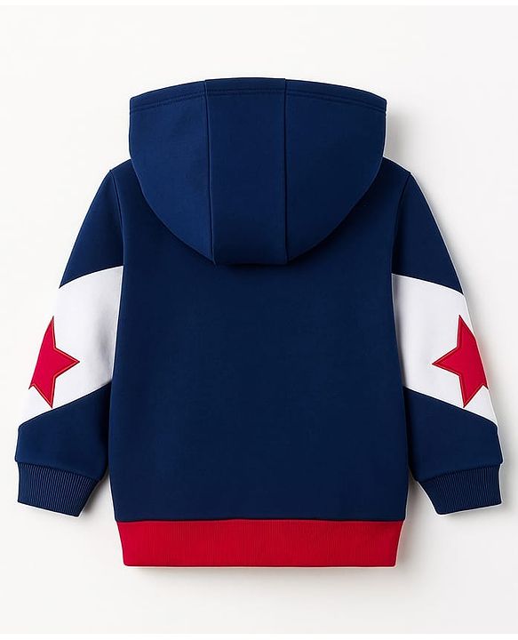 Babyhug Cotton Knit Full Sleeves Hooded Sweatjacket With Football Patch & Kangaroo Pockets - Navy Blue Red & White