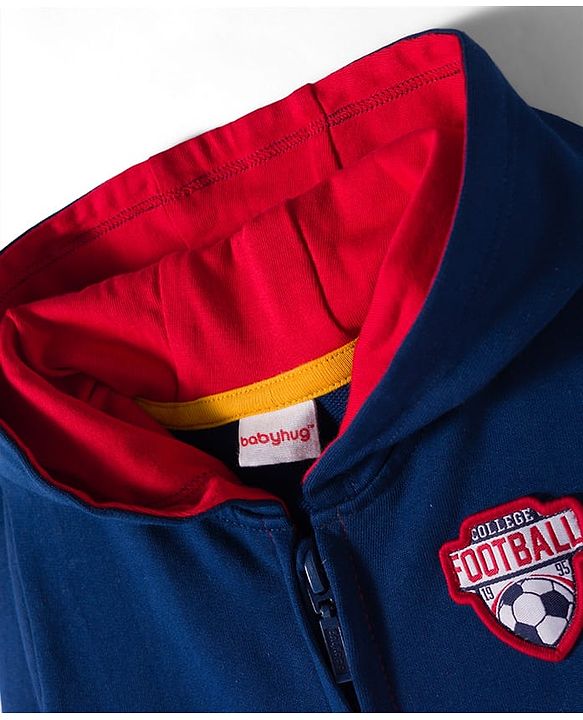 Babyhug Cotton Knit Full Sleeves Hooded Sweatjacket With Football Patch & Kangaroo Pockets - Navy Blue Red & White