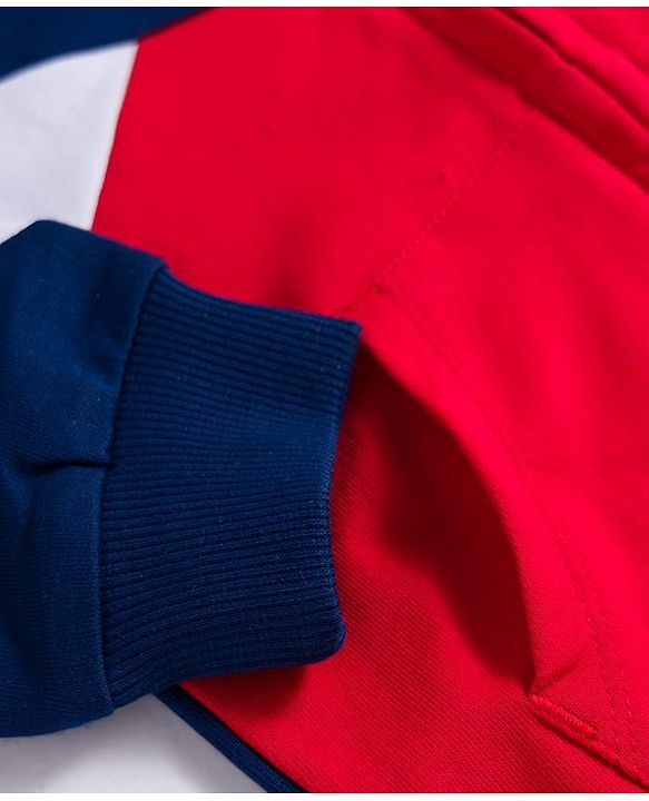 Babyhug Cotton Knit Full Sleeves Hooded Sweatjacket With Football Patch & Kangaroo Pockets - Navy Blue Red & White