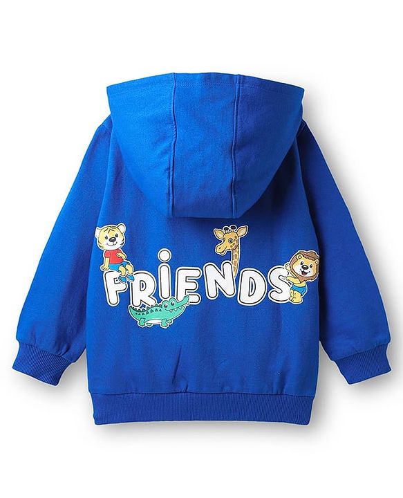 Babyhug Cotton Knit Full Sleeves Hooded Sweatshirt With Animal Graphics & Kangaroo Pockets - Blue