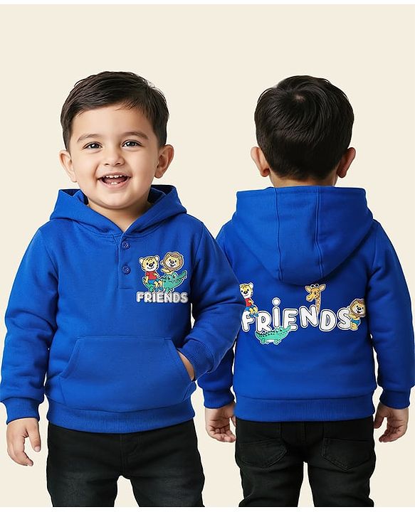 Babyhug Cotton Knit Full Sleeves Hooded Sweatshirt With Animal Graphics & Kangaroo Pockets - Blue