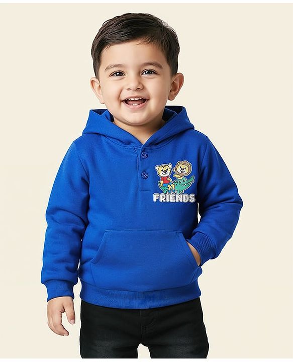 Babyhug Cotton Knit Full Sleeves Hooded Sweatshirt With Animal Graphics & Kangaroo Pockets - Blue