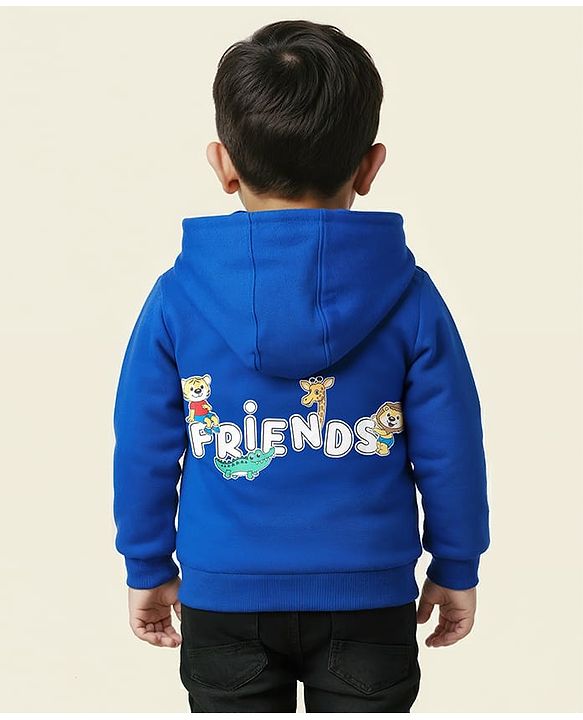 Babyhug Cotton Knit Full Sleeves Hooded Sweatshirt With Animal Graphics & Kangaroo Pockets - Blue