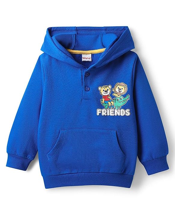 Babyhug Cotton Knit Full Sleeves Hooded Sweatshirt With Animal Graphics & Kangaroo Pockets - Blue