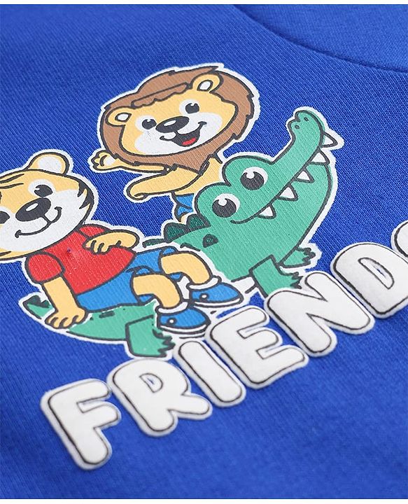 Babyhug Cotton Knit Full Sleeves Hooded Sweatshirt With Animal Graphics & Kangaroo Pockets - Blue