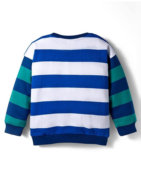 Babyhug Cotton Knit Full Sleeves Striped Sweatshirt with Text Embroidery & Kangaroo Pocket - Multicolor