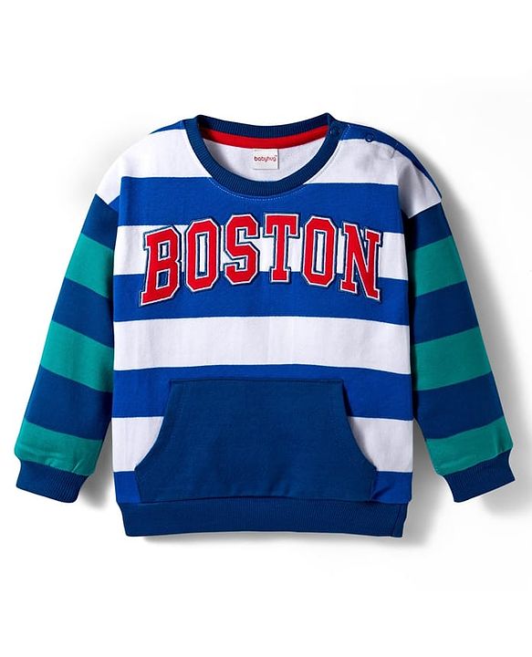 Babyhug Cotton Knit Full Sleeves Striped Sweatshirt with Text Embroidery & Kangaroo Pocket - Multicolor