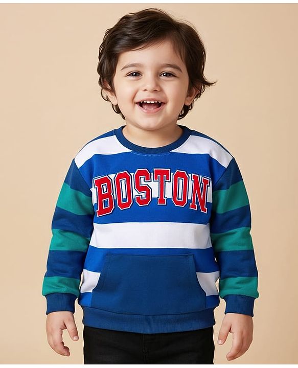 Babyhug Cotton Knit Full Sleeves Striped Sweatshirt with Text Embroidery & Kangaroo Pocket - Multicolor