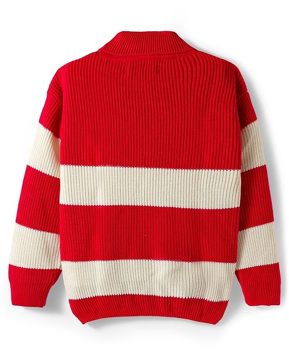 Pine Kids Knit Full Sleeves Pullover Turtle Neck Sweater with Stripe Design - Red & White
