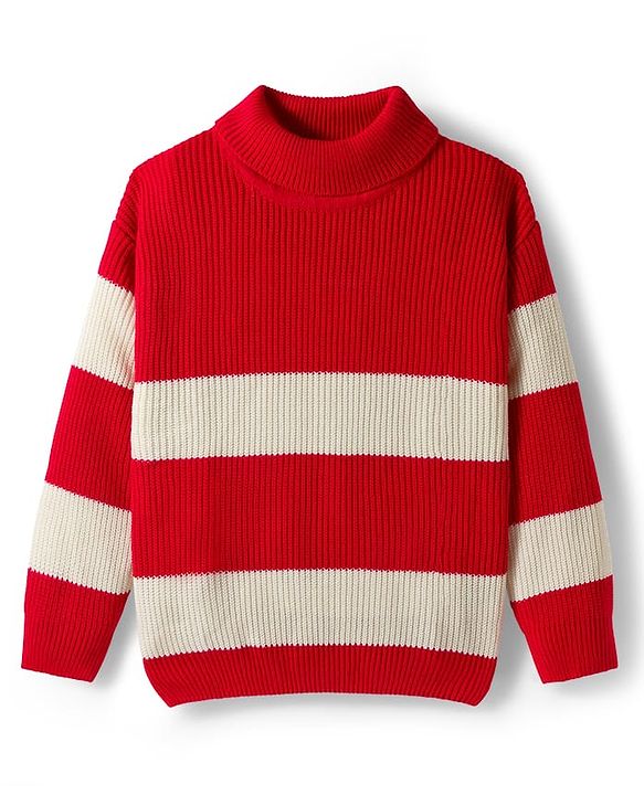 Pine Kids Knit Full Sleeves Pullover Turtle Neck Sweater with Stripe Design - Red & White