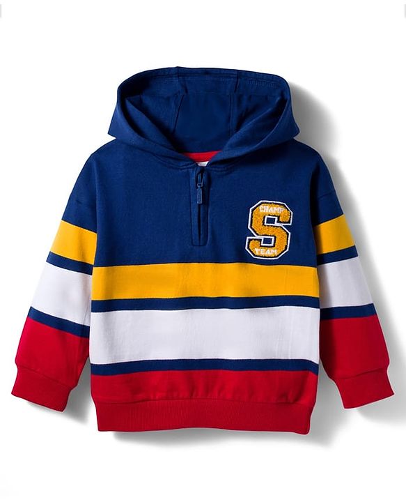 Babyhug Cotton Knit Full Sleeves Hooded Sweatshirt With Text Embroidery - Navy Blue