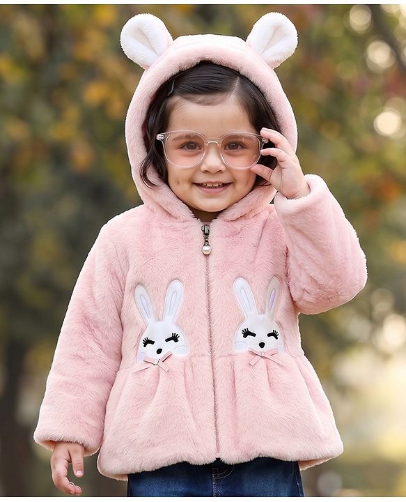 Babyhug Woven Full Sleeves Hoodie Winter Jacket With Bunny & Ear Applique - Pink