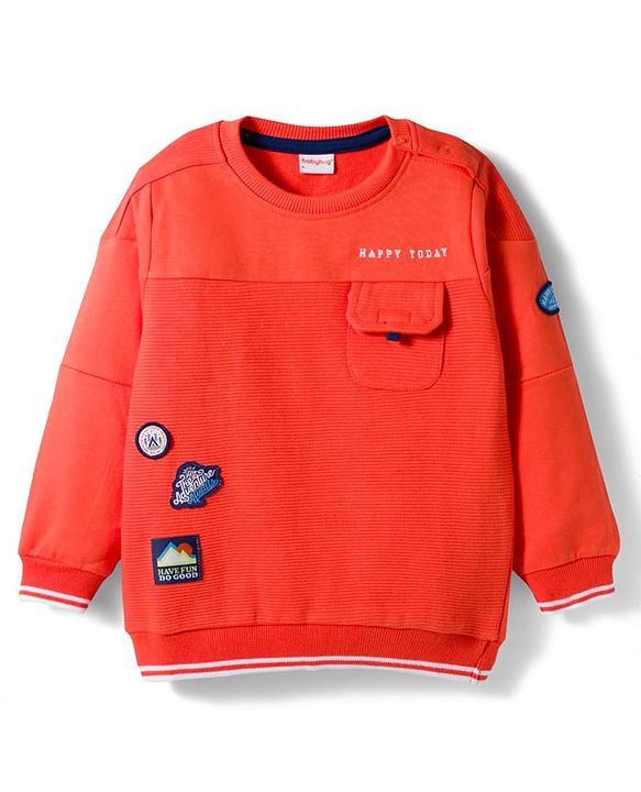 Babyhug Cotton Knit Full Sleeves Sweatshirt with Text Patches Detailing - Red