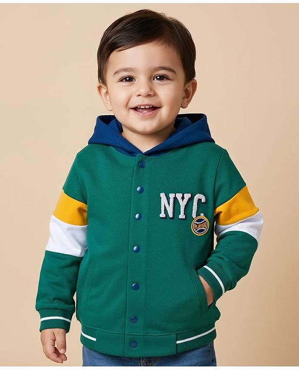 Babyhug Cotton Knit Full Sleeves Hooded SweatJacket with Kangaroo Pocket Front & Back Text Graphic - Green