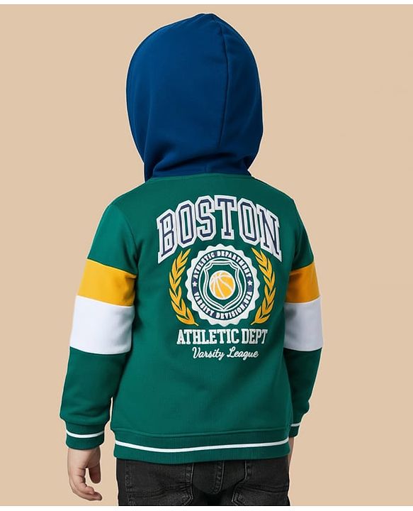 Babyhug Cotton Knit Full Sleeves Hooded SweatJacket with Kangaroo Pocket Front & Back Text Graphic - Green