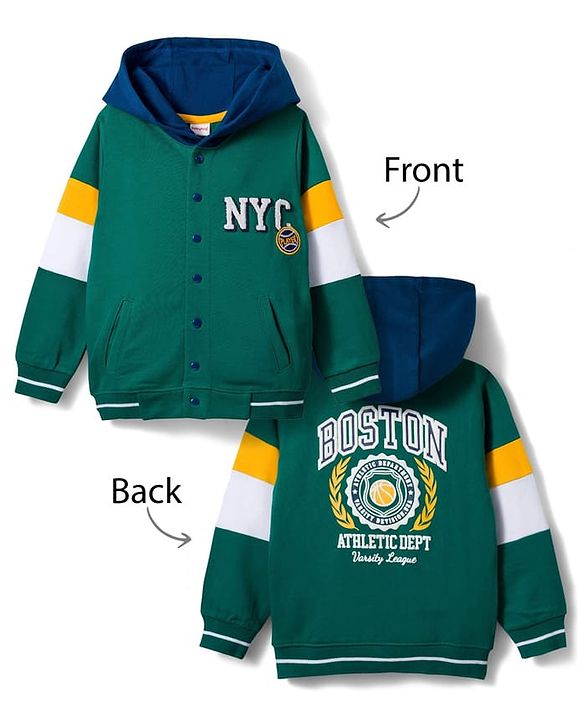 Babyhug Cotton Knit Full Sleeves Hooded SweatJacket with Kangaroo Pocket Front & Back Text Graphic - Green