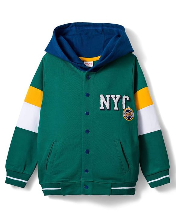 Babyhug Cotton Knit Full Sleeves Hooded SweatJacket with Kangaroo Pocket Front & Back Text Graphic - Green