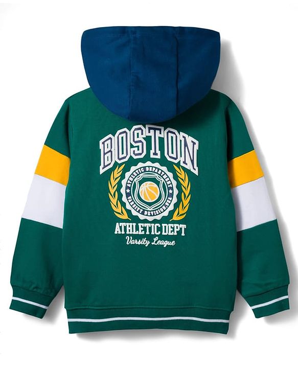 Babyhug Cotton Knit Full Sleeves Hooded SweatJacket with Kangaroo Pocket Front & Back Text Graphic - Green
