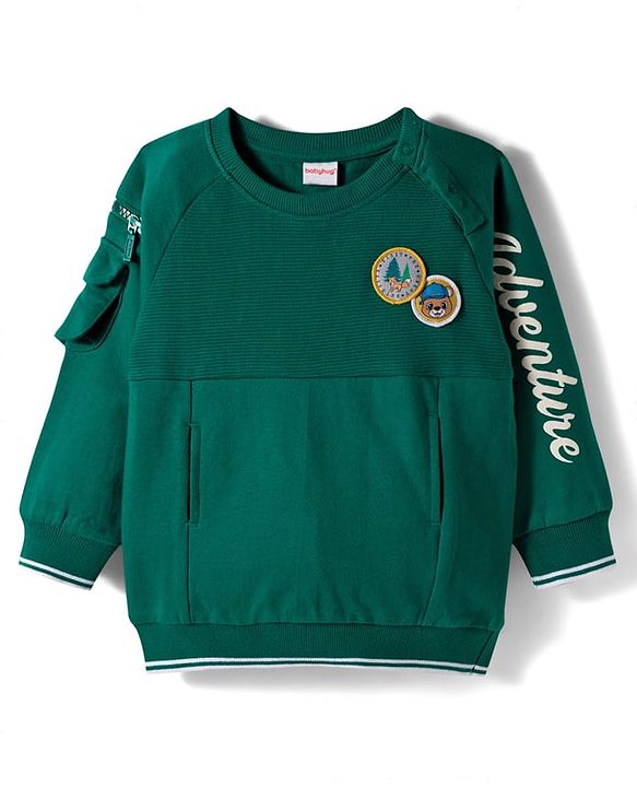 Babyhug Cotton Knit Full Raglan Sleeves Sweatshirt with Text Graphic & Patch Detailing - Green