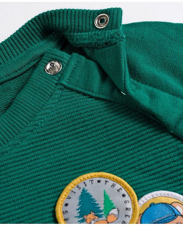 Babyhug Cotton Knit Full Raglan Sleeves Sweatshirt with Text Graphic & Patch Detailing - Green