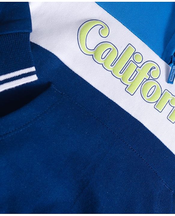 Babyhug Cotton Knit Full Sleeves Front Open Hooded Sweatshirt with California Text Print - Navy Blue & Blue