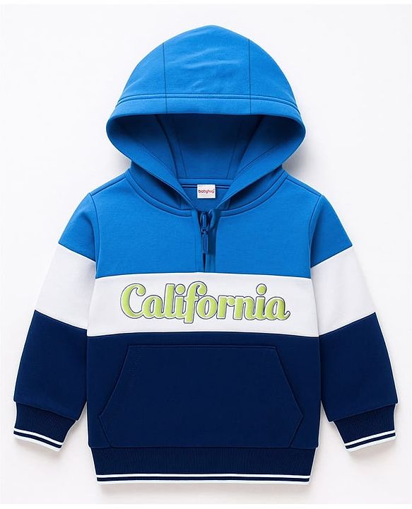 Babyhug Cotton Knit Full Sleeves Front Open Hooded Sweatshirt with California Text Print - Navy Blue & Blue