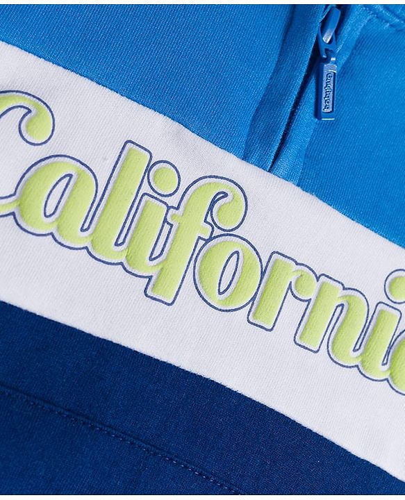 Babyhug Cotton Knit Full Sleeves Front Open Hooded Sweatshirt with California Text Print - Navy Blue & Blue