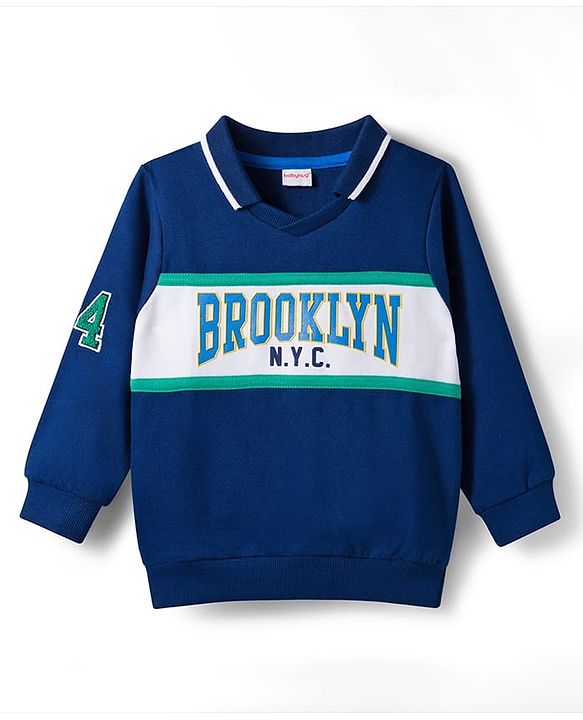 Babyhug Cotton Knit Full Sleeves Cut & Sew Sweatshirt with Text Graphic - Navy Blue
