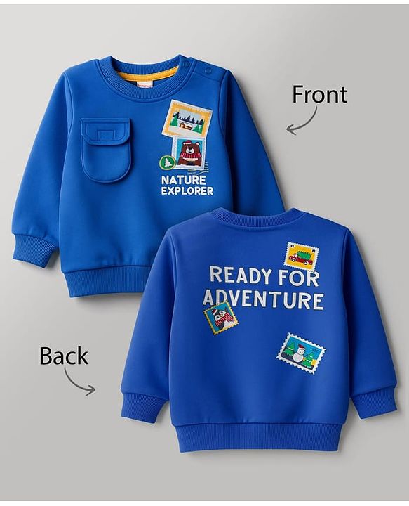 Babyhug Cotton Knit Full Sleeves Sweatshirt with Nature Graphics & Patch Detailing - Blue