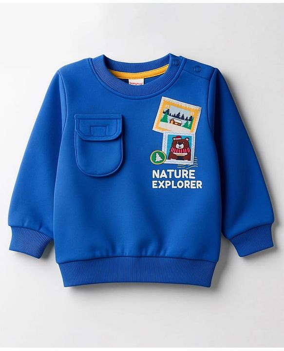 Babyhug Cotton Knit Full Sleeves Sweatshirt with Nature Graphics & Patch Detailing - Blue