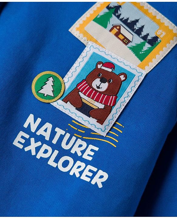Babyhug Cotton Knit Full Sleeves Sweatshirt with Nature Graphics & Patch Detailing - Blue