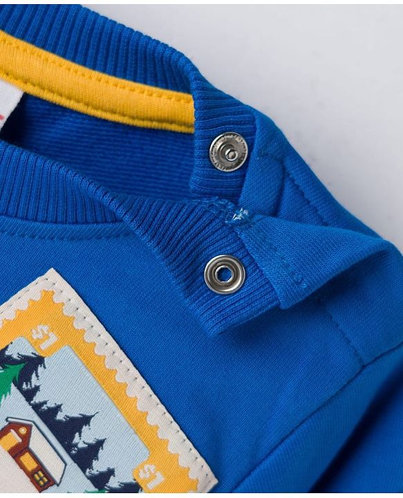 Babyhug Cotton Knit Full Sleeves Sweatshirt with Nature Graphics & Patch Detailing - Blue