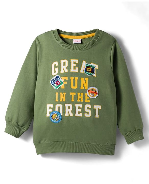 Babyhug Cotton Knit Full Sleeves Sweatshirt With Text Print & Patch - Green
