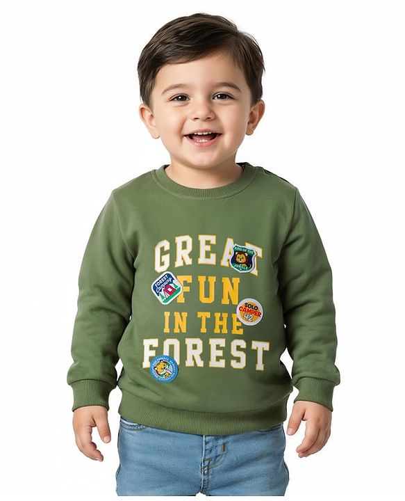 Babyhug Cotton Knit Full Sleeves Sweatshirt With Text Print & Patch - Green