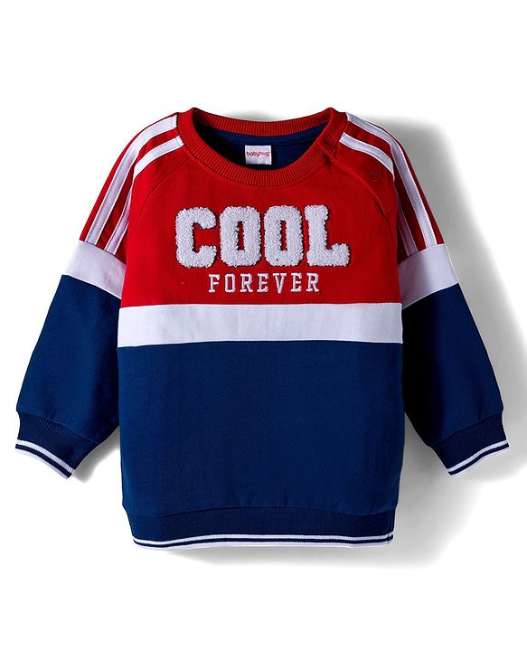 Babyhug Cotton Knit Full Sleeves Sweatshirt With Text Embroidery - Red & Blue