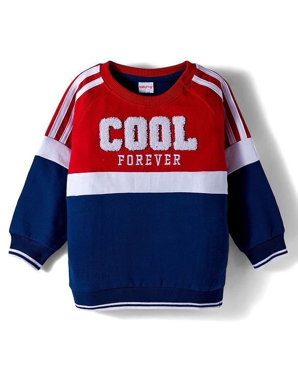 Babyhug Cotton Knit Full Sleeves Sweatshirt With Text Embroidery - Red & Blue