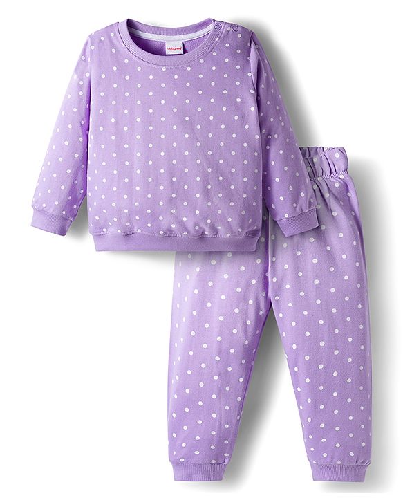 Babyhug Cotton Knit Full Sleeves Co-ords Night Suit With Polka Dot Print - Lavender
