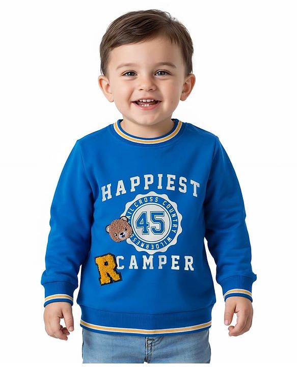 Babyhug Cotton Knit Full Sleeves Sweatshirt With Text Print & Teddy Bear Patch - Blue