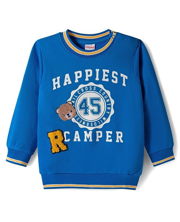 Babyhug Cotton Knit Full Sleeves Sweatshirt With Text Print & Teddy Bear Patch - Blue