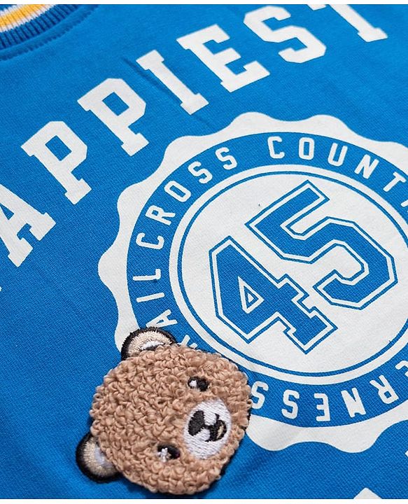 Babyhug Cotton Knit Full Sleeves Sweatshirt With Text Print & Teddy Bear Patch - Blue