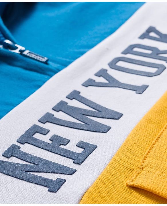 Babyhug Cotton Knit Full Sleeves Cut & Sew Hooded Sweatshirt with Text Graphic & Kangaroo Pocket - Yellow & Blue