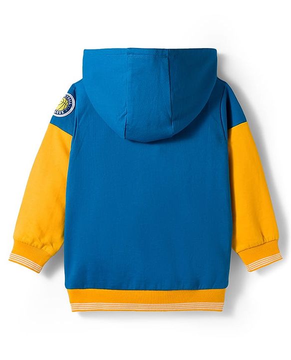 Babyhug Cotton Knit Full Sleeves Cut & Sew Hooded Sweatshirt with Text Graphic & Kangaroo Pocket - Yellow & Blue