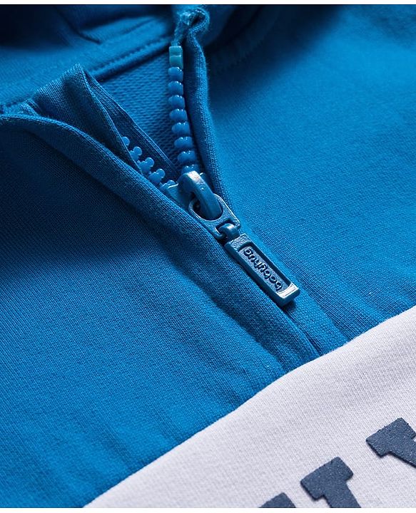 Babyhug Cotton Knit Full Sleeves Cut & Sew Hooded Sweatshirt with Text Graphic & Kangaroo Pocket - Yellow & Blue