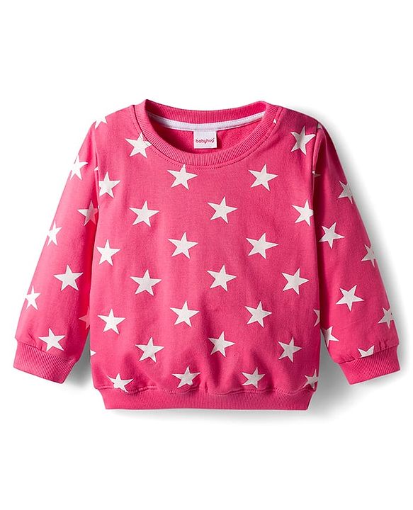 Babyhug Cotton Knit Full Sleeves Co-ords Nigth Suit with Star Print - Pink