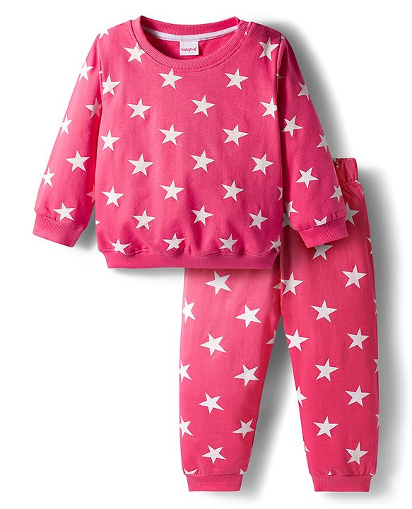 Babyhug Cotton Knit Full Sleeves Co-ords Nigth Suit with Star Print - Pink