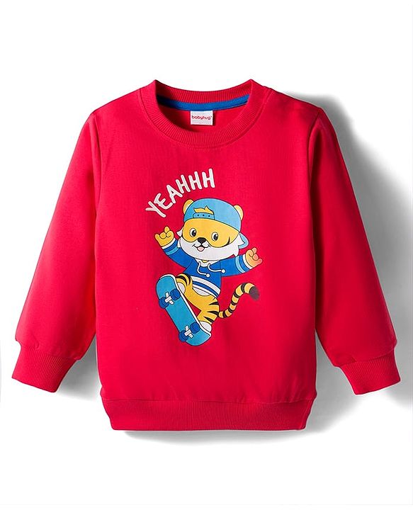 Babyhug Cotton Knit Full Sleeves Sweatshirt With Tiger Graphics - Red