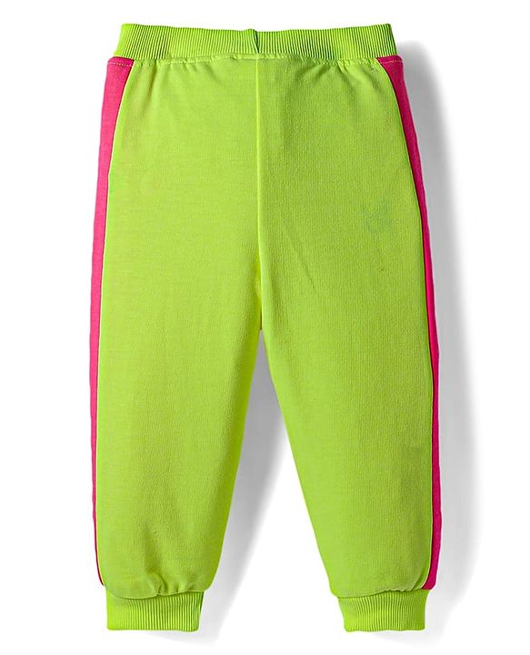 Babyhug Terry Knit Premium Light Gauge Terry Full Length Hooded T-Shirt and Joggers with Smiley Print - Neon Green & Pink